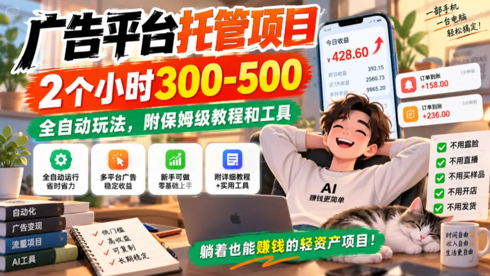 广告平台托管项目,2个小时300-500,全自动玩法,附保姆级教程和工具,小白照着就能做,第1张 广告平台托管项目,2个小时300-500,全自动玩法,附保姆级教程和工具,小白照着就能做,第1张