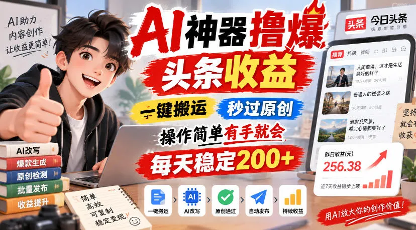 AI神器撸爆头条收益,一键搬运,秒过原创,操作简单有手就会,每天稳定200+,第1张 AI神器撸爆头条收益,一键搬运,秒过原创,操作简单有手就会,每天稳定200+,第1张