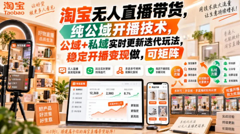 淘宝无人直播带货,纯公域开播技术,公域+私域实时更新迭代玩法,稳定开播变现做,可矩阵,第1张 淘宝无人直播带货,纯公域开播技术,公域+私域实时更新迭代玩法,稳定开播变现做,可矩阵,第1张